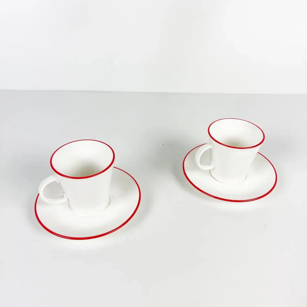 Crate & Barrel white with red rim espresso cup and saucer set of two